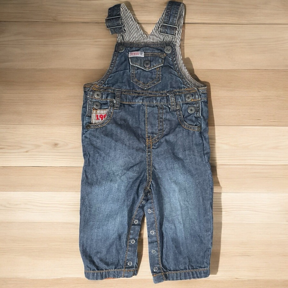 Vintage Guess Overalls Baby Size 12 M Blue Denim USA Embroidered 1981